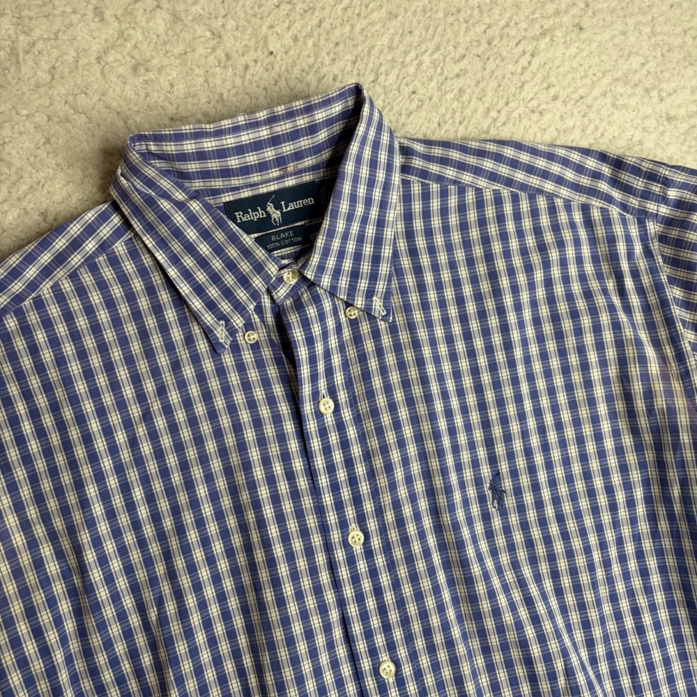 Ralph Lauren Blake Mens Large Blue White Plaid Short Sleeve Button Down Shirt